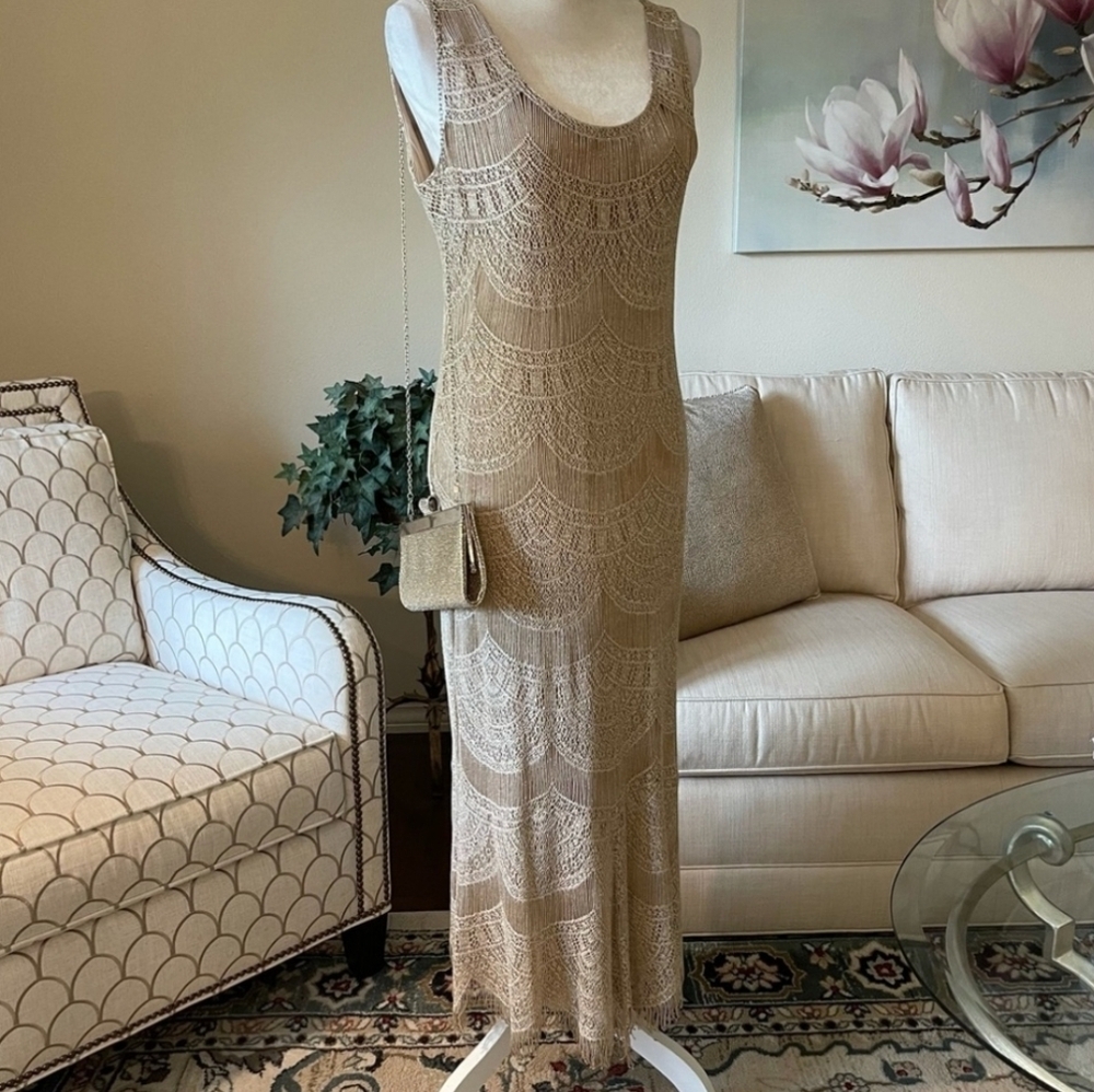 2 Pc Vintage Scalloped Gold Taupe Lace Damianou Evening Cocktail Jacket & Dress